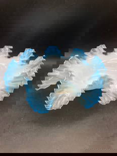 Fenton Blue Opalescent Glass Bowl with Ruffled Rim: Title: Fenton Blue Opalescent Glass Bowl with Ruffled Rim Date/Period: unknown Dimension: Approx. 10" diameter x 4" Material: glass Additional Information: Fenton Blue Opalescent Glass Bowl with Ruffl