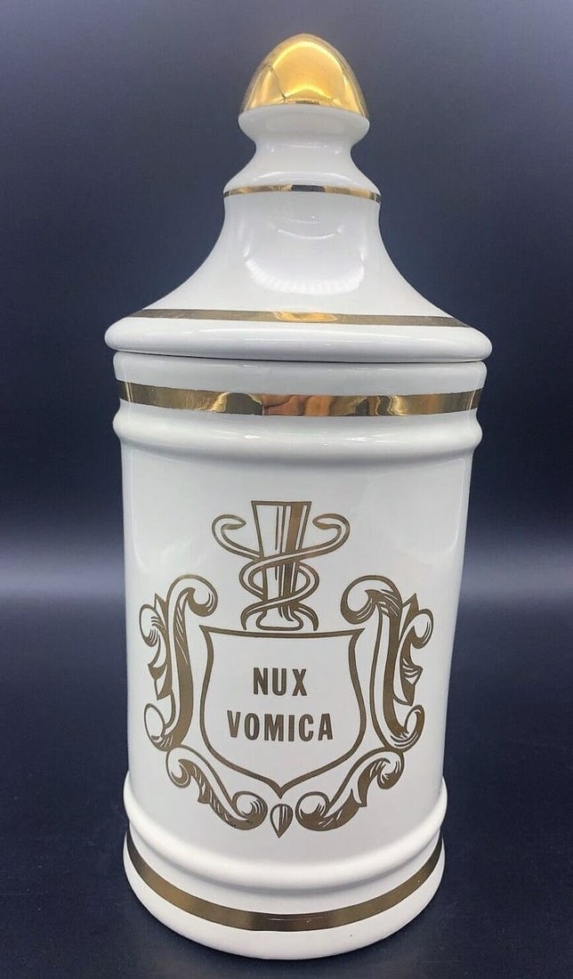 VINTAGE NUX VOMICA APOTHECARY JAR DRUG STORE PHARMACY Owens: Title: VINTAGE NUX VOMICA APOTHECARY JAR DRUG STORE PHARMACY Owens Date/Period: unknown Dimension: approx 10 x 4 Material: ceramic Additional Information: VINTAGE NUX VOMICA APOTHECARY JAR DRUG STORE 