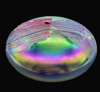 IRIDESCENT GLASSHOUSE STUDIO PAPERWEIGHT SIGNED: Title: IRIDESCENT GLASSHOUSE STUDIO PAPERWEIGHT SIGNED Date/Period: unknown Dimension: approx 5 x 2 Material: glass Additional Information: GLASSHOUSE STUDIO PAPERWEIGHT OIL LAMP METALLIC IRIDESCENT F
