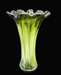 Large Swung Glass Vase: Title: Large Swung Glass Vase Date/Period: unknown Dimension: approx. 11" tall x 7" top diameter x 4" bottom diameter Material: glass Additional Information: Large Green Swung Glass Art Glsss Vase Shi