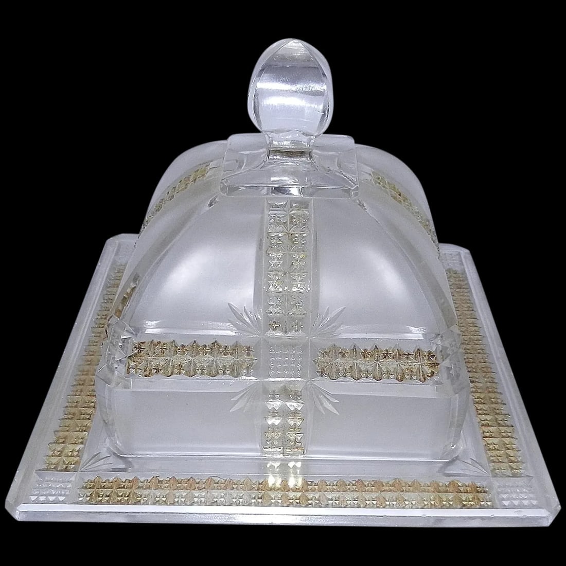 Square Glass Lidded Butter Dish with Gold Crosses: This Vintage Square Glass Lidded Butter Dish with Gold Crosses is difficult to find. It is in very good condition with only a few flea bites, none of which reach major chip stage. There are two chips