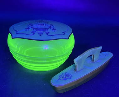Art Deco Dresser Powder Jar Uranium Glass Pearlized Celluloid Lid and Buffer: Title: Art Deco Dresser Powder Jar Uranium Glass Pearlized Celluloid Lid and Buffer Date/Period: approx 1930-40's Dimension: Jar approx.: 4" w x 2.5" tall , buffer approx. 5.5" long Material: mixed ma