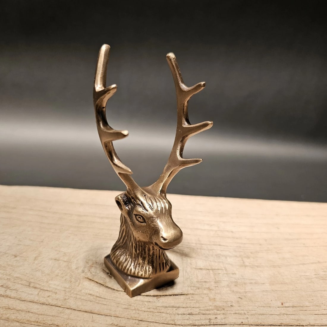 Brass Elk Deer Stag Pen Holder Desk Stand: 3 3/4" Long 2 1/8" Tall 4 1/4" Tall x 2" wide Nice reproduction of an antique pen holder. Pen is not included.... (is available separately) This piece is all solid brass, well made! Be sure to see our
