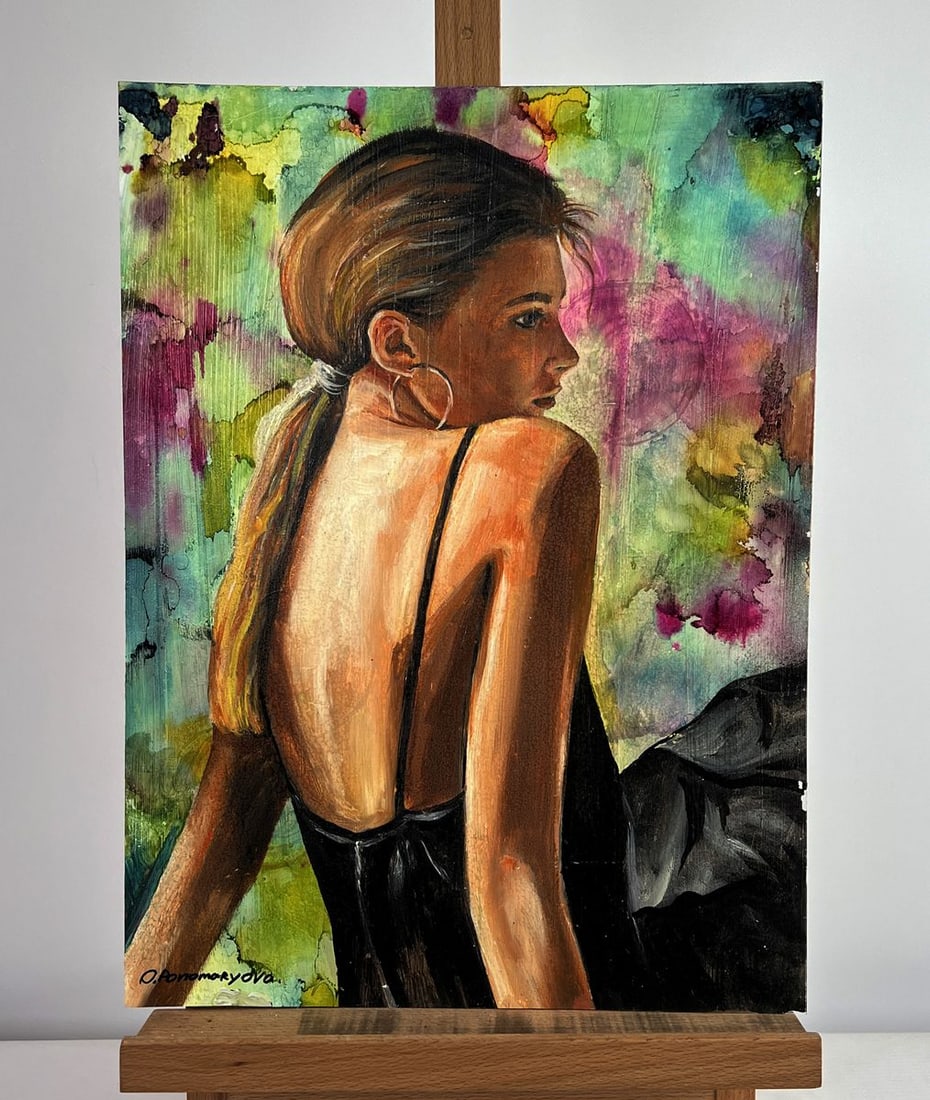 Oil painting Portrait of a girl Olga Ponomaryova: №AAA5000 The oil painting on plastic titled "Portrait of a Girl" presents a striking fusion of classical portraiture and expressive abstraction, creating an image that is both emotionally evocat