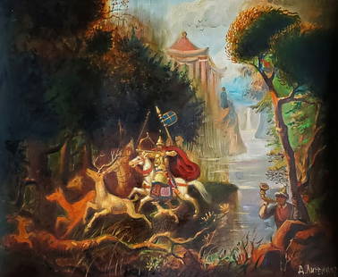 Oil painting Hunting in Ancient China Daniil Litvinov: №Litv 1181 *** ABOUT THIS PAINTING *** * TITLE: "Hunting in Ancient China" * ARTISTS: Daniil Litvinov * SIZE: 58x48 cm/'22.83x18.89 inches' * MEDIUM: oil, canvas * HAND PAINTED: Original paintin