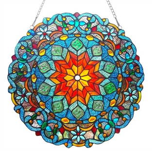 20" Round Stained Glass Window Hanging Panel Suncatcher: Description 21" Wide Such a wonderful reproduction stained glass window panel. This panel is a true testament to the beauty and craftsmanship of stained glass art, and it is the perfect addition to an