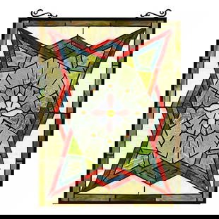 25" Stained Glass Window Hanging Panel Suncatcher: 25" x 17.72" Wide Such a wonderful reproduction stained glass window panel. Be sure to see the images as this piece is really eye catching. Beautiful reds, blues, and a pink and purple flower design i