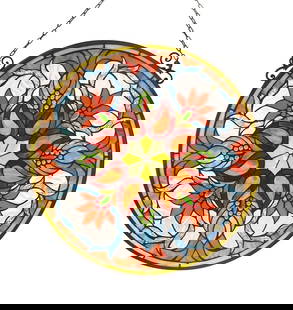 23.2" Round Fall Stained Glass Window Hanging Panel Suncatcher: Description 23.2" Wide Wonderful reproduction stained glass window panel meticulously handcrafted from pieces of hand cut stained art glass. Each individual piece of stained glass is meticulously line