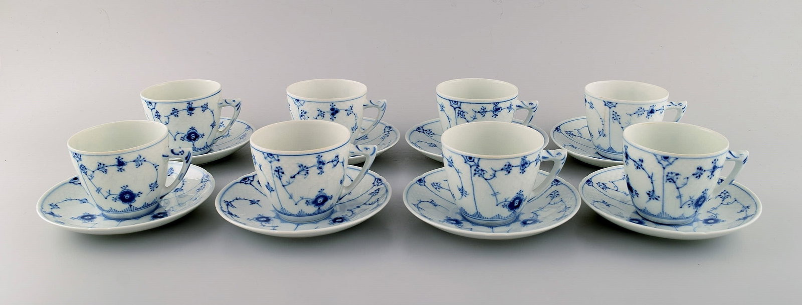 Eight Bing & Grøndahl blue fluted coffee cups with saucers. Model number 305. Mid 20th century. (1 of 5)