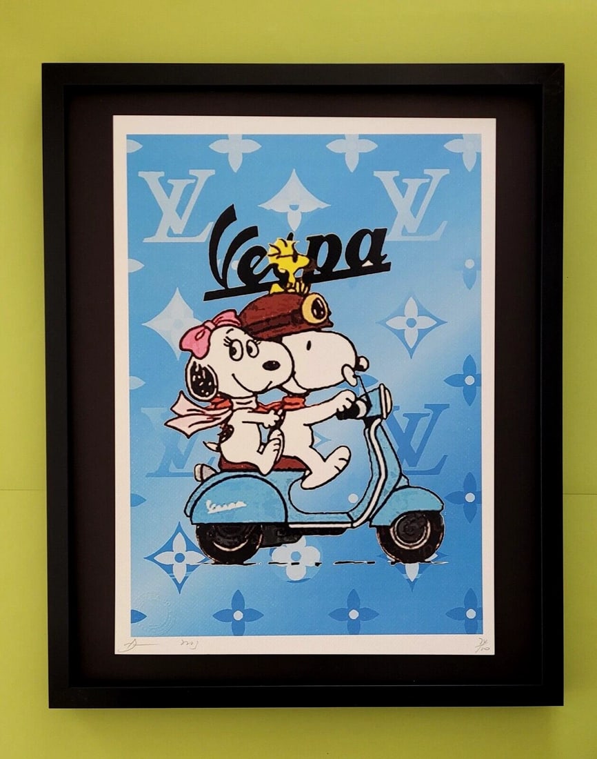 DEATH NYC Hand Signed LARGE Print Framed 16x20in COA SNOOPY IN A VESPA FL: This is a Stunning and Scarce 100% Authentic New Print by Death NYC Hand Signed and Numbered in Pencil by the Artist Limited Edition of 100 Large Size: 45cm x 32cm About 18x13in Fine Art 300 gsm Paper