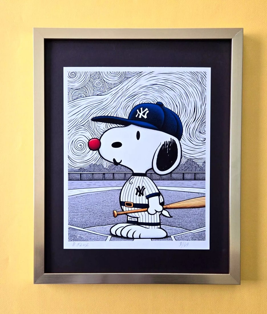 AIDAN FLUX | Hand Signed Authentic Print Framed Snoopy Playing Baseball | COA (1 of 5)