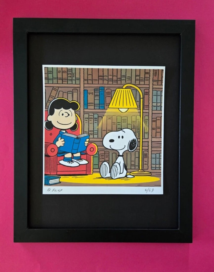 AIDAN FLUX Hand Signed Authentic Print 14x11in. Framed Snoopy Hearing Novel COA: This is a one-of-a-kind Hand Signed Authentic Giclee by AIDAN FLUX. From his Series "American Icons" The artist has created a stunning piece of art that features a powerful message about women's empow