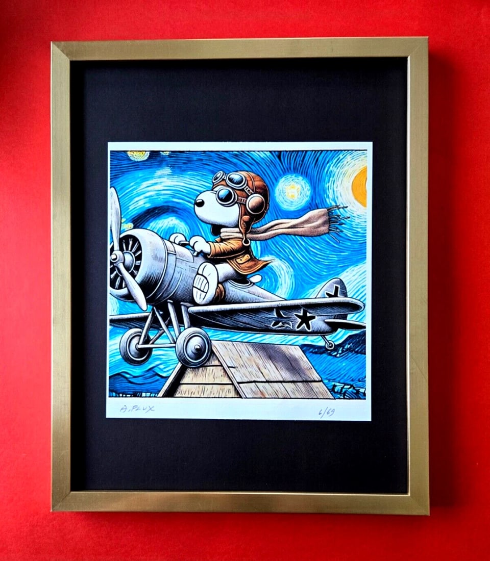 AIDAN FLUX Hand Signed Authentic LtdED Print Framed SNOOPY AVIATOR COA (1 of 3)