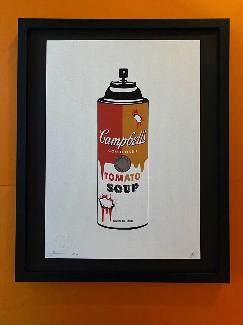 DEATH NYC Hand Signed LARGE Print Framed 16x20in COA CAMPBELL'S SOUP SPRAYCAN B: This is a Stunning and Scarce 100% Authentic New Print by Death NYC Hand Signed and Numbered in Pencil by the Artist Limited Edition of 100 Large Size: 45cm x 32cm About 18x13in Fine Art 300 gsm Paper