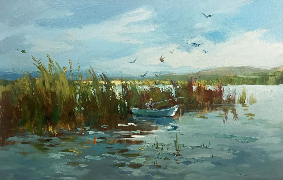 W. Jones Fishermen Boat Harbor Oil Painting