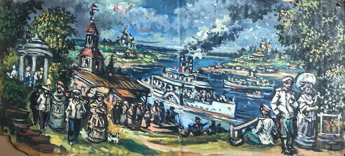 Oil painting Navy Day Alexander Arkadievich Litvinov: ?AAA2356 This impressive oil painting shows an early twentieth century event depicting a large river and a fleet festival with many ships and people. The vibrant colors and dynamic composition make it