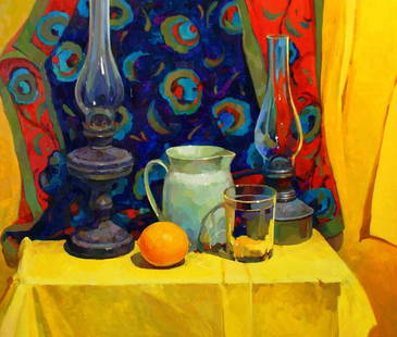 Oil painting Still life with yellow drapery Anastasia Yaroshevich: 21YARO Painter: Anastasia Yaroshevich Size: 60x70 cm/23.62x27.55 inches Components: oil, canvas Original painting CONDITION: excellent ARTIST: Anastasia Oleksandrivna Yaroshevich, was born near the ci