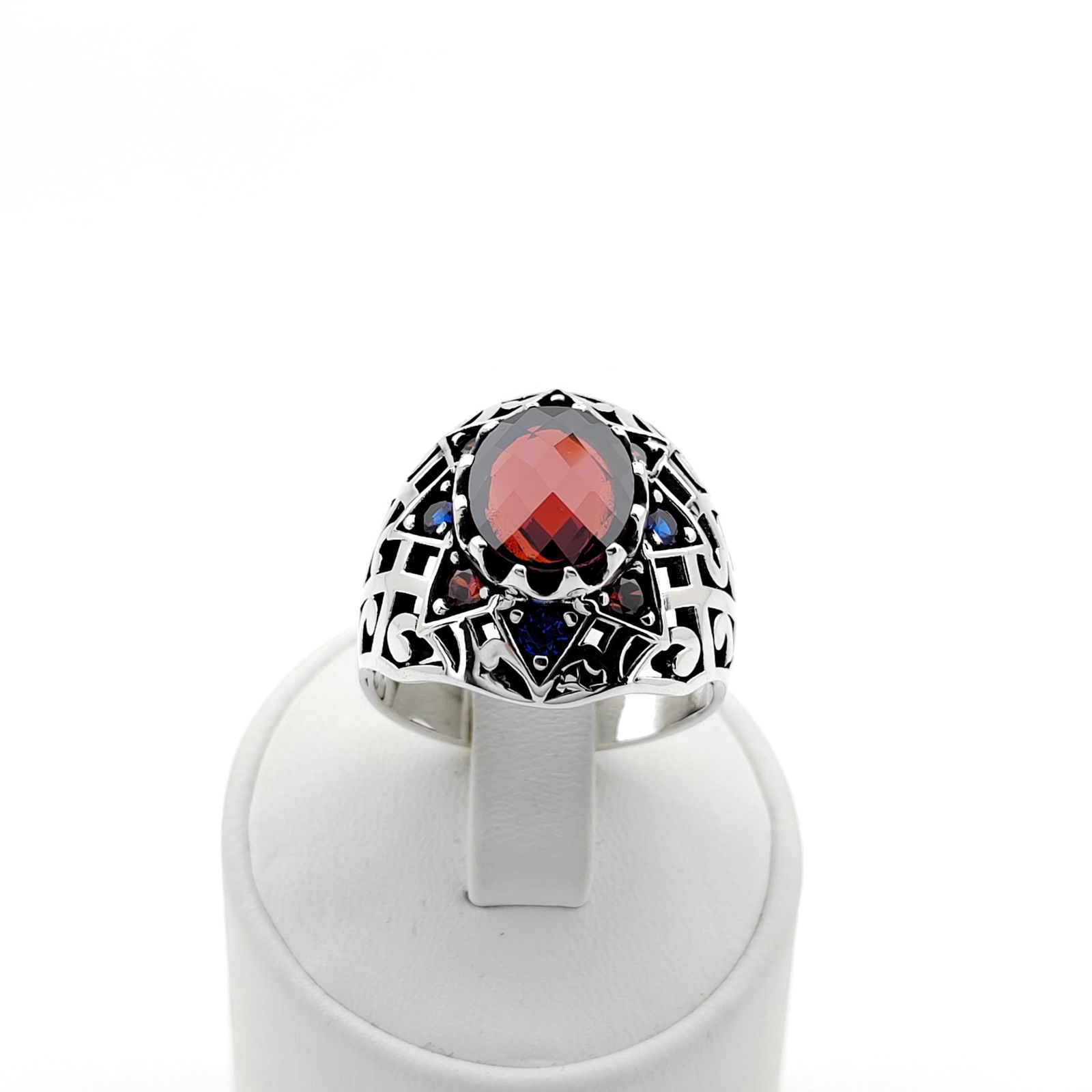 925 Silver Men's Ring with Facet Cut Red Zircon,Blue and Red Zircons (1 of 8)