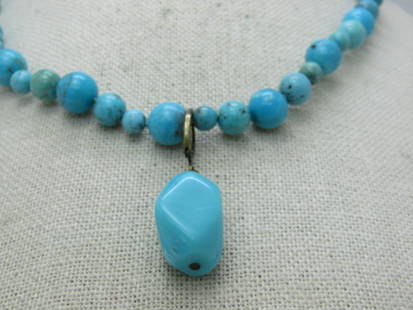 Southwestern Turquoise Beaded Necklace with Sterling Lobster Clasp, 18", Knotted Between Beads: Southwestern Turquoise Beaded Necklace with Sterling Lobster Clasp, 18", Knotted Between Beads - the beads are a mix of 6mm, 8mm and 10mm round beads. They seems to be a mix of natural turquoise beads