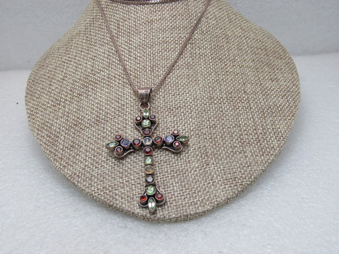 Vintage Sterling Silver Gemstone Cross Necklace, 24" Box Wheat Chain, 1980's. (1 of 7)