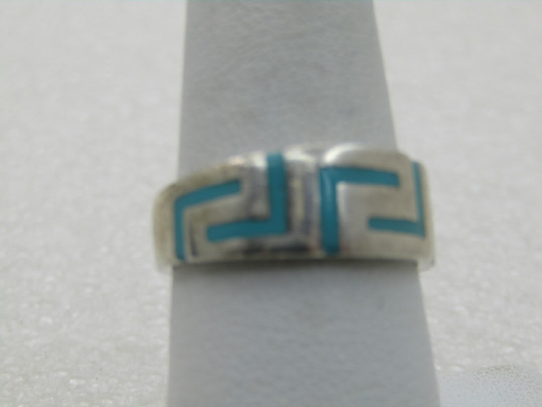 Vintage Sterling Enameled Greek Key Ring, Sz. 8, Unisex, Turquoise Colored (1 of 6)