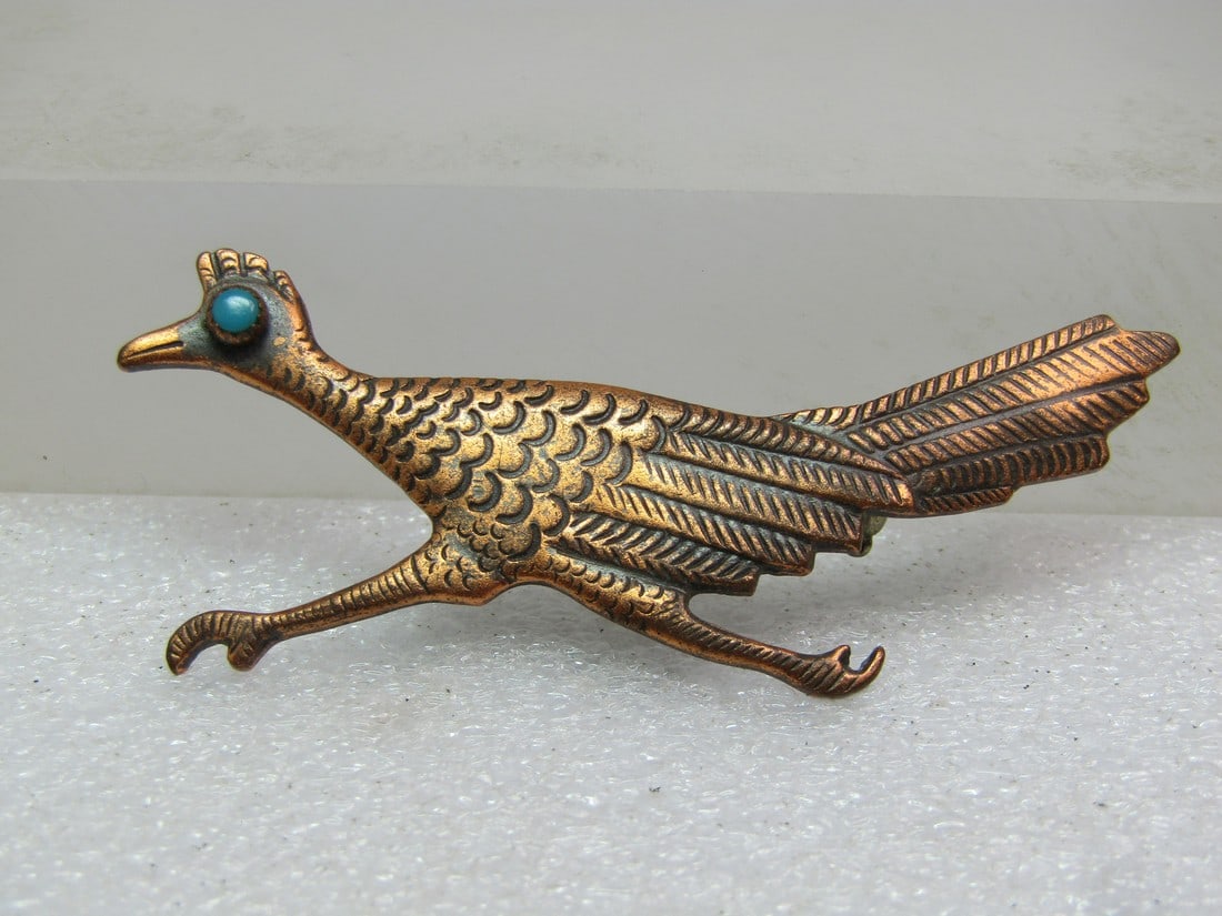 Vintage Southwestern Roadrunner Brooch, Turquoise Eye, Solid Copper, 1980's-1990's, Signed (1 of 6)