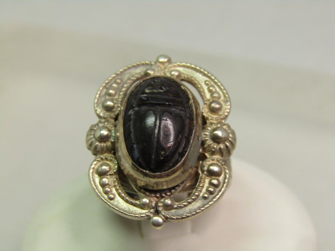 Vintage Sterling Black Onyx Scarab Ring, Egyptian, Sz. 5, 1950's-1970's, Signed: Vintage Sterling Black Onyx Scarab Ring, Egyptian, Sz. 5, 1950's-1970's. This is marked sterling and tests as sterling with an appx. weight of 6.39 grams. It is signed with a single J. The black onyx 