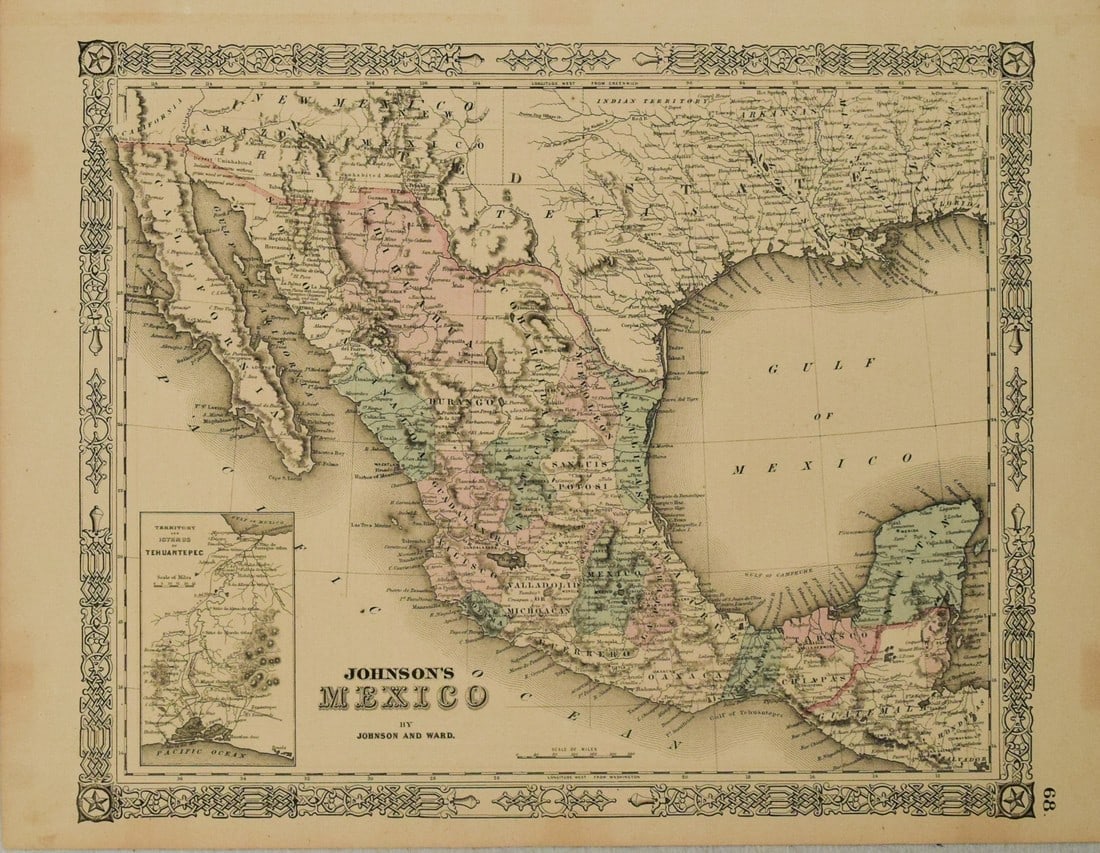 1864 Johnson Map of Mexico -- Johnson's Mexico: Title/Content: 1864 Johnson Map of Mexico -- Johnson's Mexico Cartographer: Johnson and Ward Year/Place: 1864, New York Dimensions: 12.5 x 15.5 in. Description: Very nice map of Mexico, color-coding t