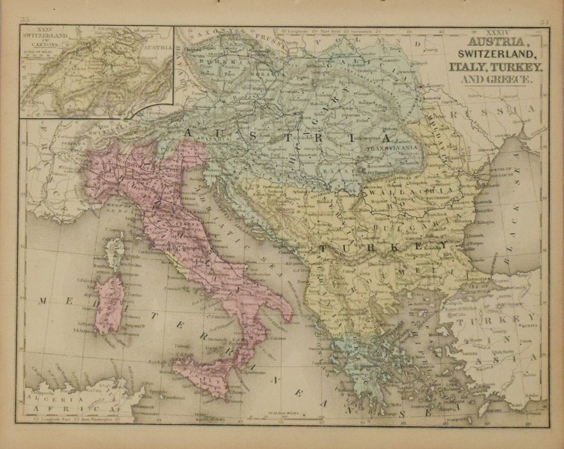 1869 Mitchell Map of South-Central Europe [verso] Asia -- XXXIV Austria, Switzerland, Italy, Turkey (1 of 2)