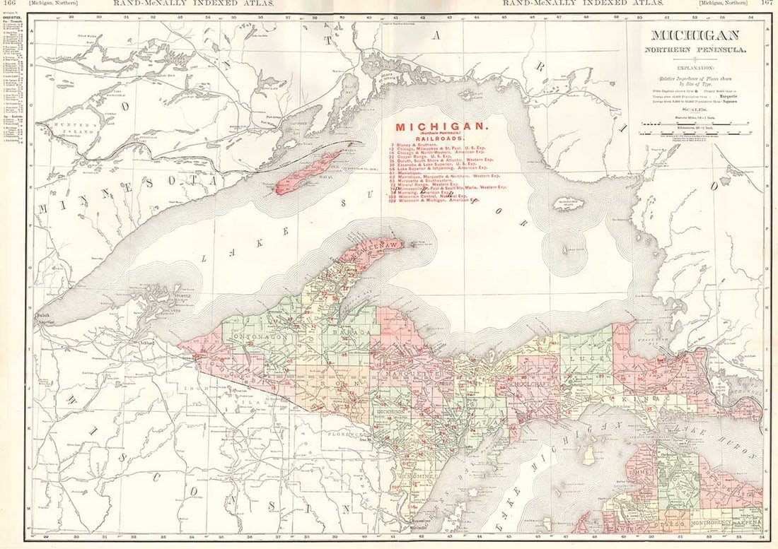 Rand-McNally Indexed Atlas. Michigan Northern Peninsula.: Publication Date: c1904 Title: Rand-McNally Indexed Atlas. Michigan Northern Peninsula. Cartographer: RAND, MCNALLY & CO. Publisher: RAND, MCNALLY & CO. Height: 19 Width: 25.5 From: Rand, McNally & Co