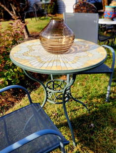 Rare Beautiful Vintage Itiled round garden or patio table: Rare Beautiful Vintage Itiled round garden or patio table Reserve: $75.00 Shipping: Domestic: Shipping rates are determined by destination International: Foreign shipping rates are determined by desti