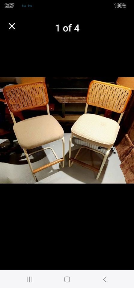 Pair of Mid-Century Counter/Bar Stools designed by Breur for Knoll crafted from wood, cane & Steel. (1 of 5)