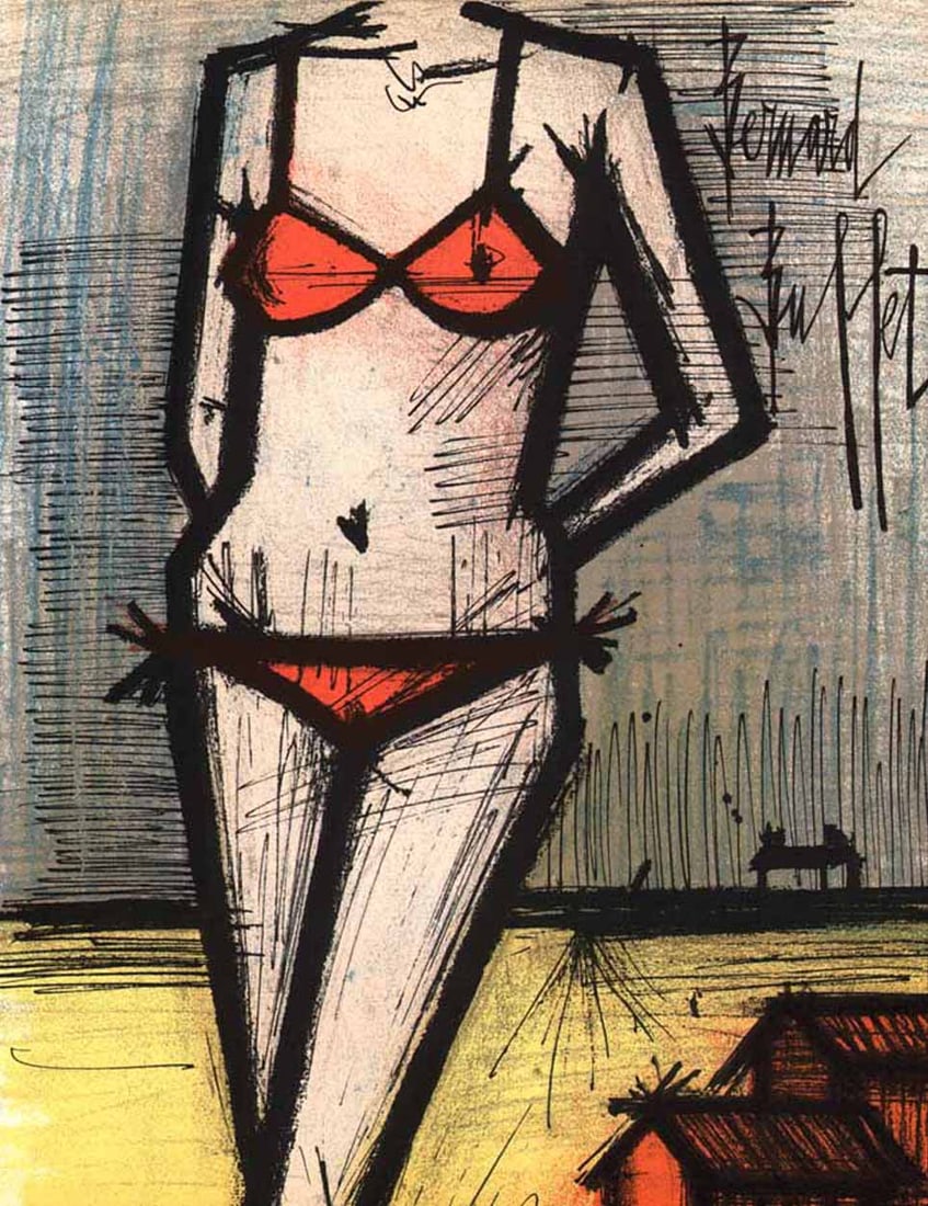 Bernard Buffet On the Beach Original Lithograph 1967*: Artist: Bernard Buffet Country: France Title: On the beach Medium: Original Lithograph Marks: Signed in plate, not numbered Printed: 1967 by Fernand Mourlot France Paper: Velin Acropole 12.5 x 9.5 inc