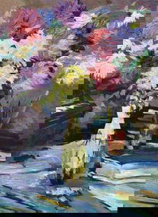 Oil painting Flowers and desktop Boris Serdyuk: №1739 *** ABOUT THIS PAINTING *** * TITLE: "Flowers and desktop" * ARTISTS: Boris Serdyuk * SIZE: 57x50 cm/'22.44x19.68 inches' * MEDIUM: oil, cardboard * HAND PAINTED: Original painting from ou