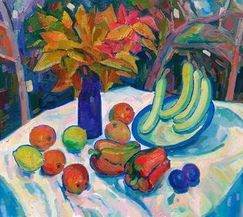 Oil painting Autumn bouquet and fruits Peter Tovpev: №Dobr 845 "Autumn Bouquet and Fruits" is a vivid and lively oil painting that beautifully captures the essence of autumn through a harmonious blend of warm and cool colors. The composition cente