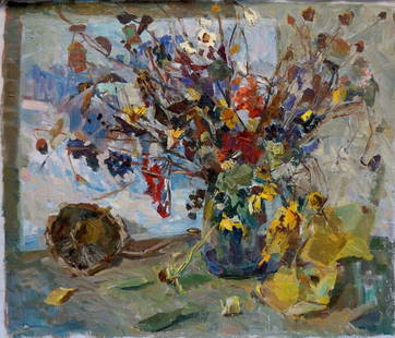 Oil painting Flowers Dovgalevskaya Vera Veniaminovna: &#8470;Verns 666 *** ABOUT THIS PAINTING *** * TITLE: "Flowers" * ARTISTS: Dovgalevskaya Vera Veniaminovna * SIZE: 50x50 cm/'19.68x19.68 inches' * MEDIUM: oil, canvas on cardboard * HAND PAINTED: Orig