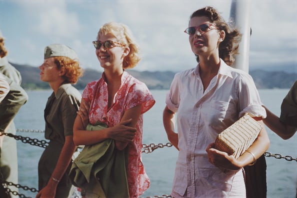 Rita Aarons And Cynthia Stone ' By Slim Aarons C Type: Description ' Rita Aarons And Cynthia Stone ' by Slim Aarons American actress Cynthia Stone (1926 - 1988) and Rita Aarons, wife of photographer Slim Aarons, watch the filming of John Ford's 'Mister Ro