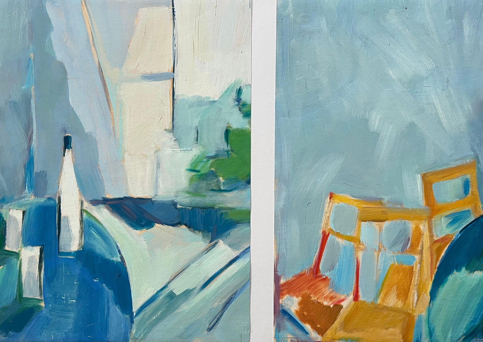 Abstract Diptych: Still Life with Bottle and Chairs - Contemporary Oil Paintings: About the Item Title: Abstract Diptych: Still Life with Bottle and Chairs - Contemporary Oil Paintings Artist: Roland Pichard Medium: Oil on oil paper, mounted on card Size: Left piece: 13 (height) x