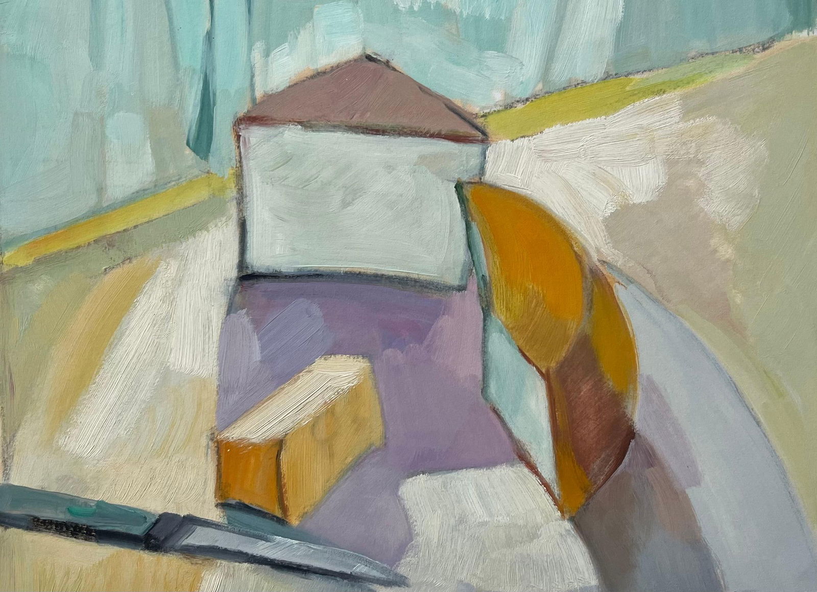 Original Oil Abstract Still Life with Cheese Slices and Knife: About the Item Title: Original Oil Abstract Still Life with Cheese Slices and Knife Artist: Roland Pichard Medium: Oil on oil paper, mounted on card Size: 9.5 (height) x 13.25 (width), (Including moun