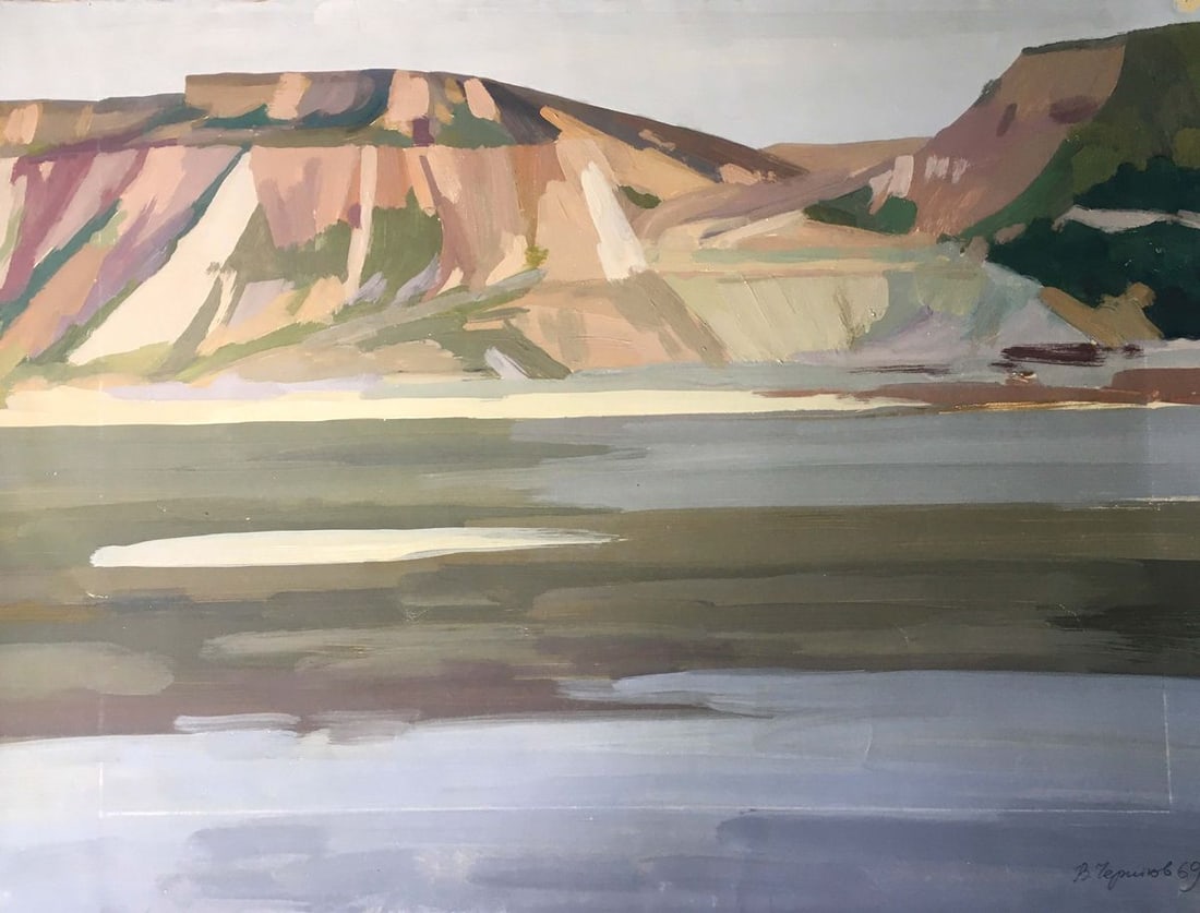 Gouache painting Mountain View Chernikov Vladimir Mikhailovich: №916 *** ABOUT THIS PAINTING *** * TITLE: "Mountain View" * ARTISTS: Chernikov Vladimir Mikhailovich * SIZE: 44x59 cm/'17.32x23.22 inches' * MEDIUM: gouache, paper * HAND PAINTED: Original paint