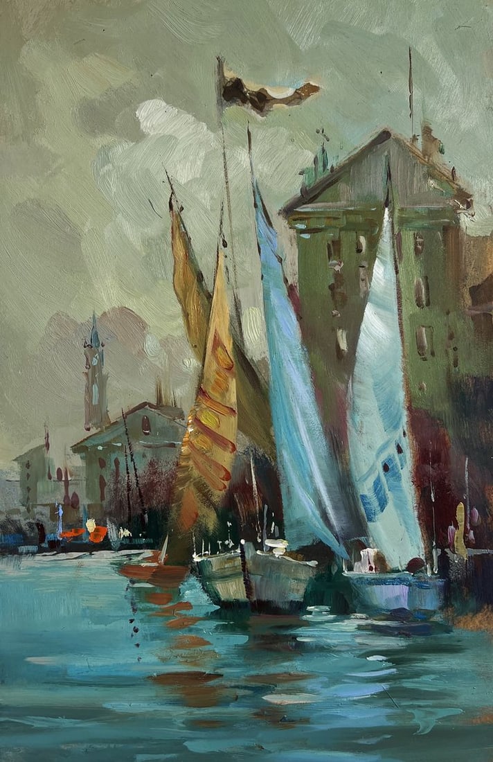Oil painting A quiet harbor near Venice Yuriy Suprunchuk: №AAA4364 The painting "A Quiet Harbor Near Venice" captures the essence of an old European waterfront, where the calm waters reflect the towering sails of moored boats and the majestic architect