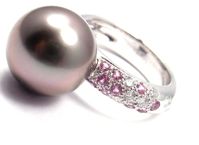 Cartier 18K White Gold Tahitian Pearl Diamond Pink Sapphire Ring