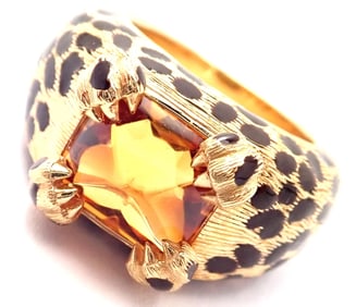 Christian Dior Leopard 18k Yellow Gold Citrine Enamel Ring Cert