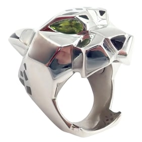 Cartier Panther Panthere 18k White Gold Peridot Onyx Lacquer Large Ring Cert