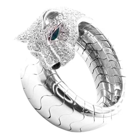 Cartier Panther 18k White Gold Diamond Emerald Onyx Band Ring Cert.