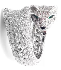 Cartier Double Panther Panthere Lakarda 18k Gold Diamond Emerald Ring