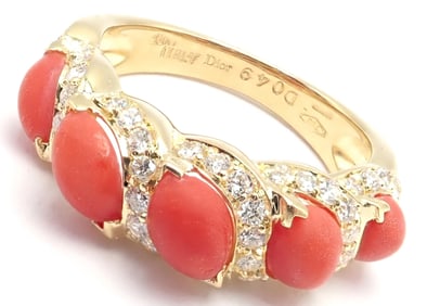 Authentic Christian Dior 18k Yellow Gold Diamond Coral Band Ring