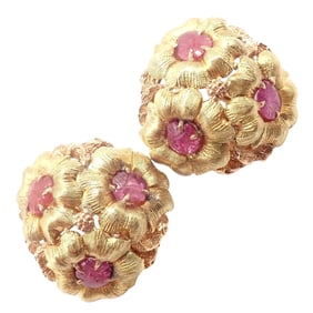 Vintage Buccellati 18k Yellow Gold Carved Ruby Flower Earrings