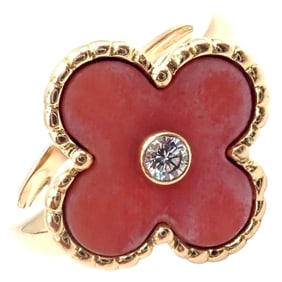Van Cleef & Arpels Alhambra 18k Yellow Gold Coral Diamond Ring Paper