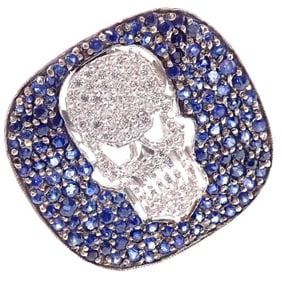 Loree Rodkin 18k White Gold Diamond Sapphire Skull Ring Paper Box